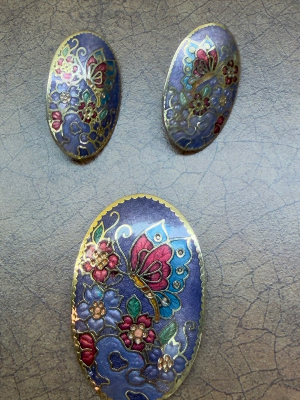 Hand-Painted Blue Cloisonné Butterfly Brooch and Earring Set